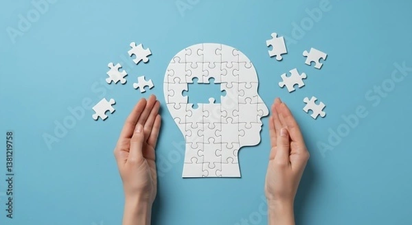 Obraz Hands holding brain with puzzle paper cutout, autism, memory loss, dementia, epilepsy and alzheimer awareness, world mental health day, world Parkinson day concept