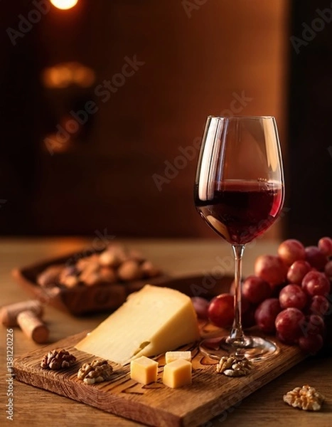 Obraz Red wine and cheese platter with grapes and nuts on wooden table