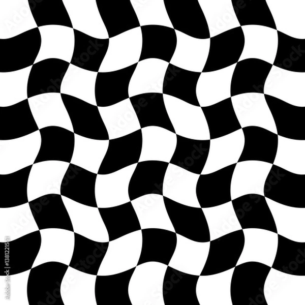 Fototapeta Distortion effects on checkered pattern, monochrome black and white vector background.