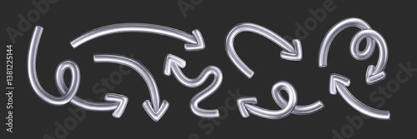 Fototapeta 3D chrome doodle arrow set in Y2K style, isolated on a dark background. Render of 3D chrome liquid curve and swirl arrows, rotating up, down, and right with metal silver effect. 3D vector Y2K figure