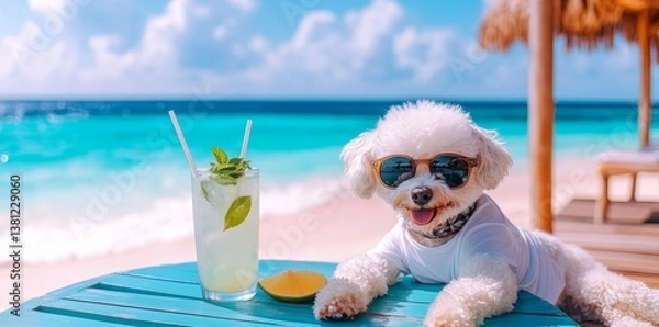 Fototapeta A Bichon Frise dog is currently on a summer break at a seaside resort, where it is unwinding on a Hawaiian beach
