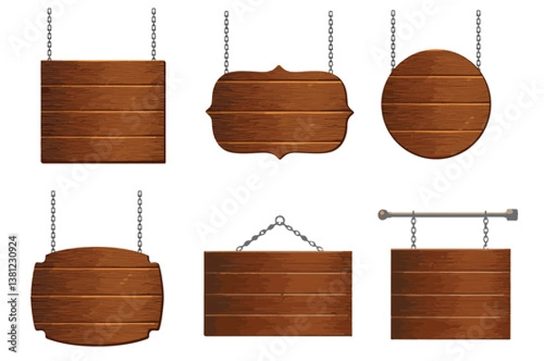 Fototapeta "A detailed vector set of hanging and standing wooden signboards, perfect for branding, advertising, posters, game UI, websites, and rustic-themed projects. These wooden elements are designed to be us