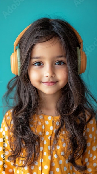 Fototapeta Smiling Indian girl with headphones in mint background, showcasing passion for music or studying online in a clean, simple design