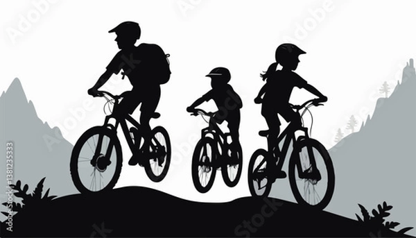 Obraz Silhouette of Cyclists Practicing Mountain Biking on Rugged Trails
