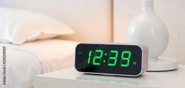 Obraz Digital clock. Modern digital alarm clock with green LED display on night table.