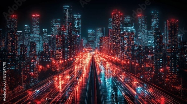 Fototapeta Neon Cityscape at Night: A Symphony of Lights and Motion
