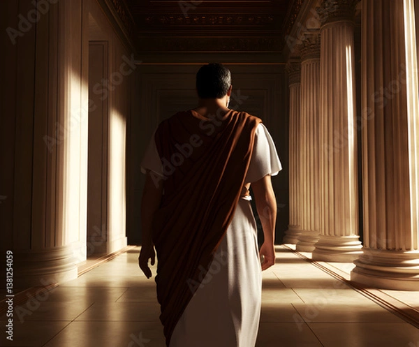 Fototapeta A Roman senator walking through the halls of the Senate, where political debates and decisions are being made.

