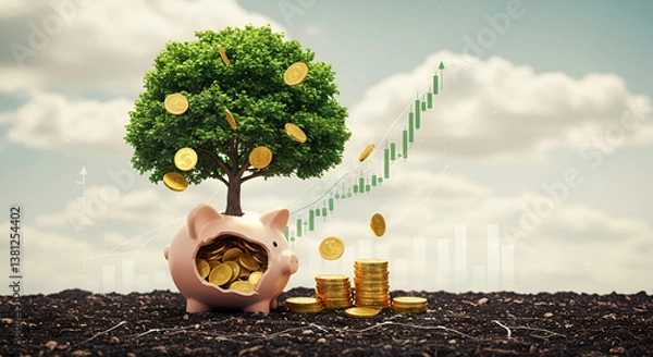 Obraz Creative financial growth concept with a piggy bank transforming into a money tree, symbolizing investment, savings, and wealth accumulation.