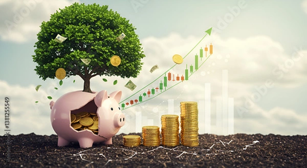Obraz Creative financial growth concept with a piggy bank transforming into a money tree, symbolizing investment, savings, and wealth accumulation.