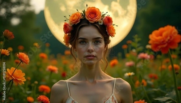 Fototapeta A portrait of a woman with a beautiful floral crown on her head. The woman is standing in a garden with a full moon in the background. The garden is filled with lush greenery and colorful flowers.