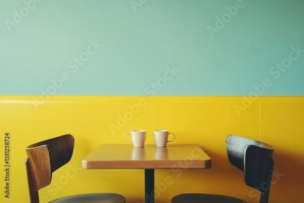 Obraz A cozy cafe scene featuring a small table set with two warm coffee mugs, illuminated by vibrant wall colors, ideal for conveying warmth and comfort in a relaxed atmosphere.