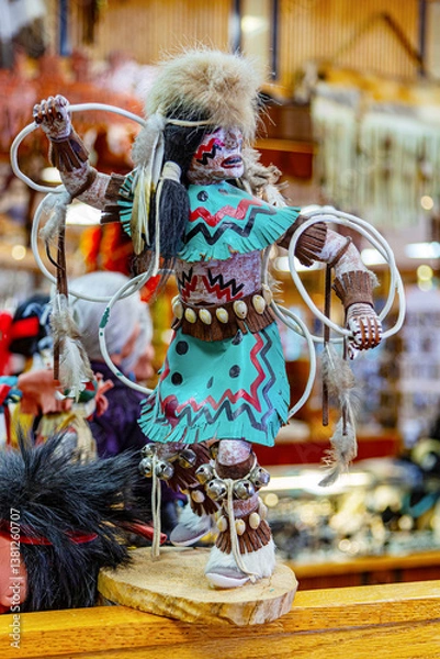 Obraz Native American Hopi Kachina Doll. Hopi Kachina Hoop Dancer doll in store display. Authentic Hopi Kachina Hoop Dancer collectible. Traditional ceremonial figure represents Native American spirituality