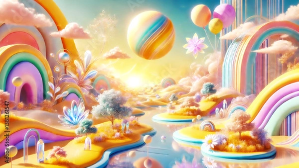 Obraz A dreamy pastel world with floating planets, rainbows, balloons, and glowing landscapes creates a magical, whimsical fantasy full of colour and light.