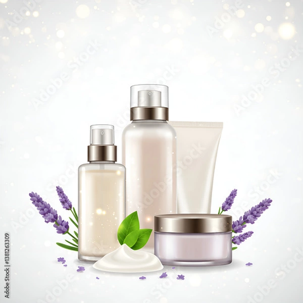 Obraz Natural cosmetic products with lavender and cream on sparkly background
