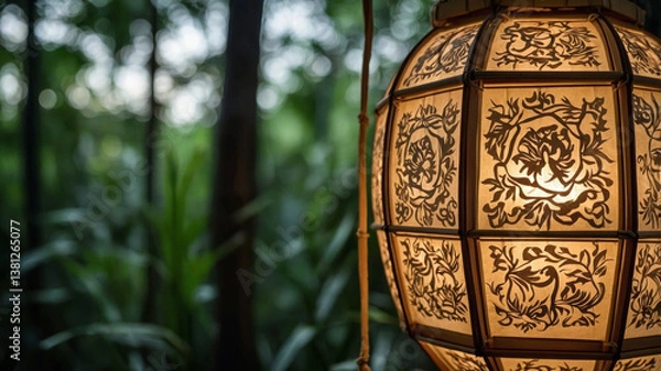 Fototapeta Vesak celebration with beautifully crafted lantern in serene outdoor setting surrounded by lush nature