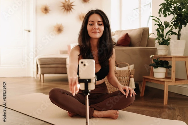 Fototapeta A fitness woman does sports at home using a mobile phone and a tripod while sitting on a exercise mat in a cozy interior. The influencer records an online workout. Healthy lifestyle. Selective focus