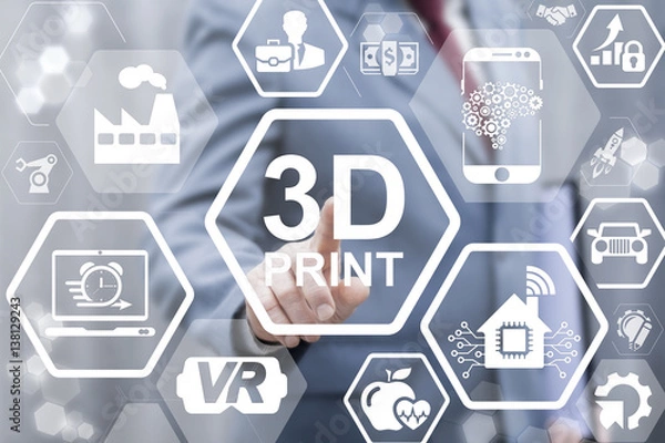 Fototapeta 3d printing business industrial medicine concept. Businessman touched threedimensional print word on virtual screen. Three-dimensional printer, development house, car, industry, medical technology