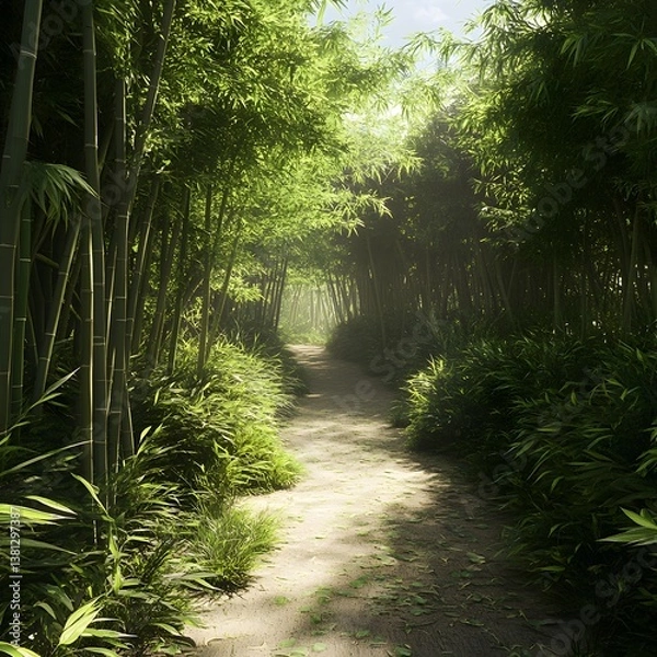 Fototapeta Tranquil bamboo forest setting with clear path and tall stalks