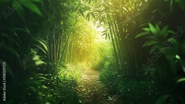 Fototapeta Tranquil Bamboo Pathway with Vibrant Green Bamboo Trees and Foliage