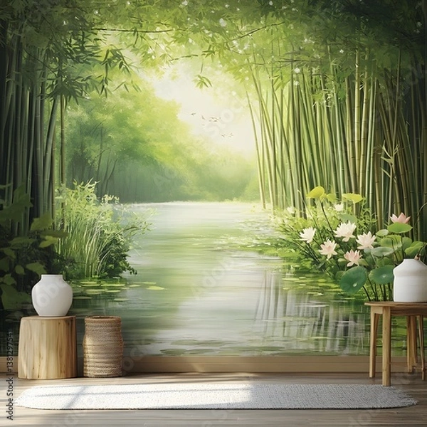 Fototapeta Tranquil bamboo grove with serene, inviting atmosphere and lush landscape