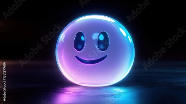 Fototapeta Glowing Smiley Face Sphere Lamp with Neon Light on Dark Background in Futuristic Style