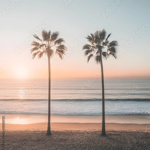 Fototapeta Palm Trees on Tropical Beach with Clear Skies and Sunset