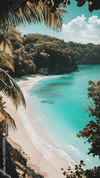 Fototapeta Scenic Beach with Turquoise Water, Palm Trees, and Golden Sand