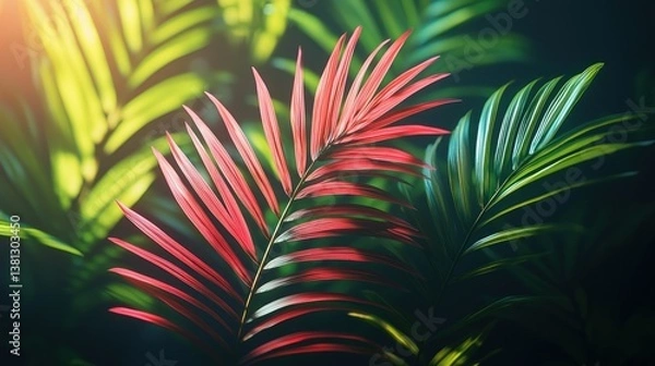Fototapeta Vibrant Tropical Paradise: Red and Green Palm Fronds in Lush Sunlight