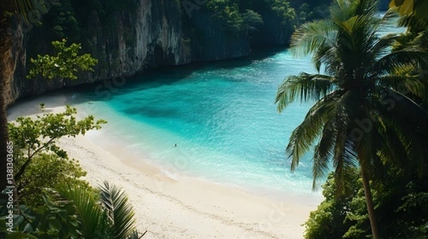 Fototapeta Tropical Beach with Turquoise Water, Lush Palm Trees, and Sand
