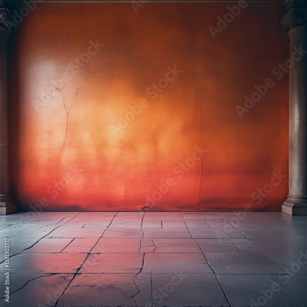 Obraz Create a visually striking background with a vibrant orange gradient wall that transitions from a soft, warm . The floor features a classic Roman-inspired gray stone pattern