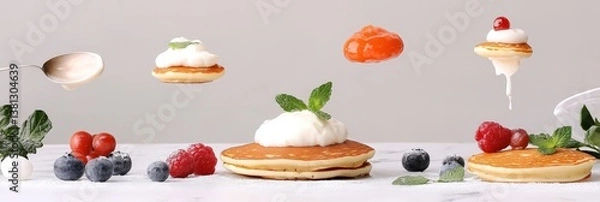 Fototapeta Floating mini pancakes with whipped cream and mint form minimal visual set, marble surface gives fresh tone, soft berries add vibrant finish.