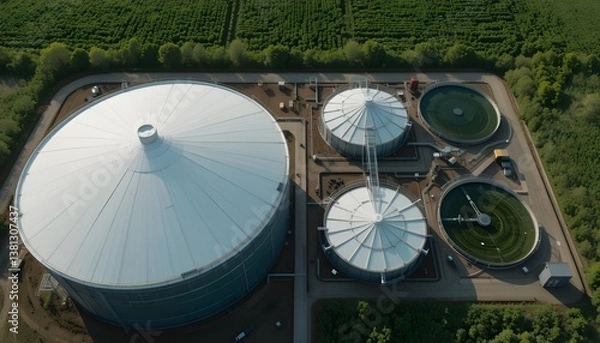 Fototapeta View from above  green biogas facility.  Field storage tanks.  A facility for renewable energy in an agricultural environment.  efficient production and environmentally friendly infrastructure.  Moder