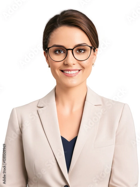 Fototapeta Portrait of a woman with short, neatly styled brown hair, wearing a formal business suit and a gentle, sincere smile.