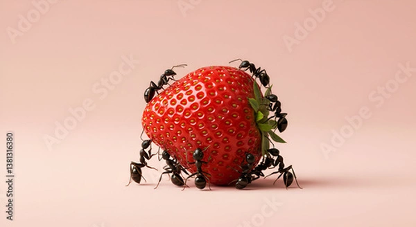 Obraz Close-up macro photograph of black ants crawling on a ripe, red strawberry against a soft pink background. A surreal and artistic depiction of nature and teamwork, perfect for concepts like food invas
