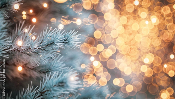 Obraz Close-Up of Illuminated Christmas Tree with Warm Golden Bokeh Lights