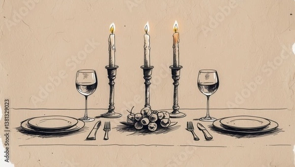 Fototapeta Ink drawing table setting with plates glasses cutlery burning candles and grapes. Romantic dinner concept with light beige background