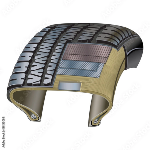 Fototapeta Tire cross-section illustration showing various layers and materials used to form it's construction & resilience.