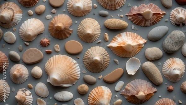 Fototapeta light brown broken shells backdrop coastal tropical base design