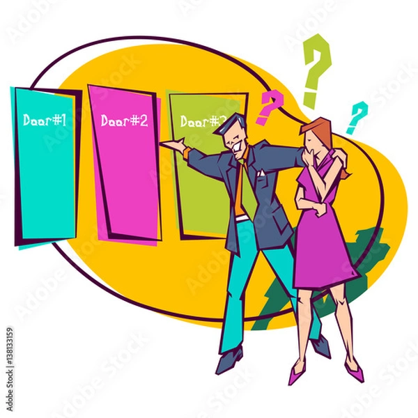 Fototapeta A game show host offers a female contestant the decision of which door to choose.
