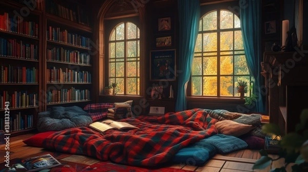 Fototapeta A cozy reading nook filled with colorful pillows and blankets. Sunlight streams through large windows. This is a perfect space for relaxation and contemplation. Generative AI