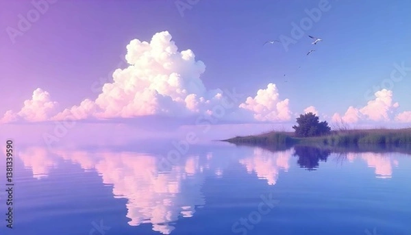 Fototapeta A beautiful landscape. The sky is a deep purple color with a large white cloud in the center. The cloud is reflected in the water below, creating a mirror-like effect. The water is calm and still.