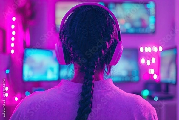 Fototapeta A young woman, possibly a gamer or streamer, is at home in a shadowy room, gaming online with friends. Beside her, a young man is stationed in front of three monitors