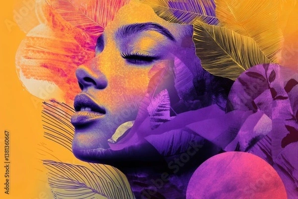 Obraz Abstract portrait of a woman's face blended with vibrant purple and orange leaves.