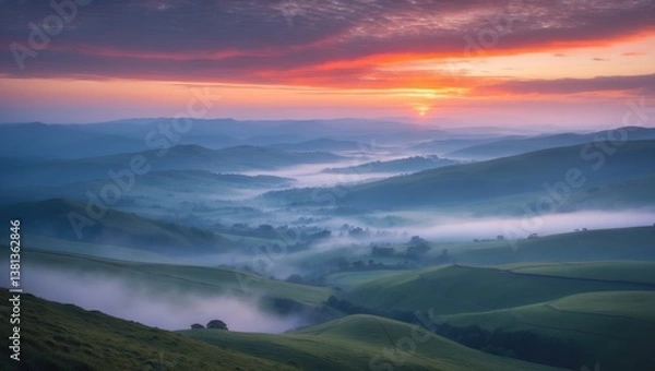 Fototapeta Morning panoramic view of a beautiful sky at sunset from a highland near a village.