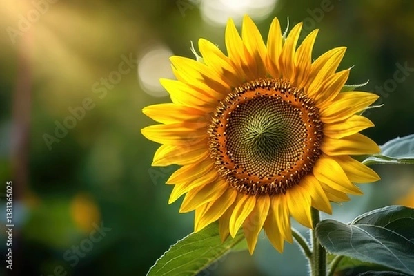 Obraz A vibrant sunflower basks in sunlight, its golden petals radiating warmth and beauty against a soft green background.
