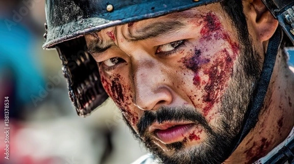 Fototapeta Closeup portrait of a wounded warrior in battle armor