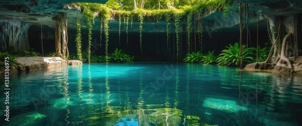 Obraz Beautiful cenote featuring clear waters and suspended roots.