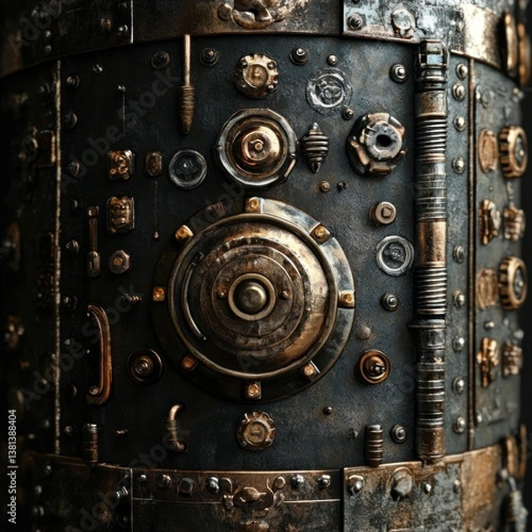 Fototapeta Ornate, metallic cylinder with intricate steampunk design.  Detailed with various brass and bronze components, suggesting a complex mechanism or ancient technology.