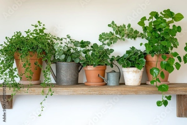 Fototapeta A vibrant display of potted plants on a wooden shelf against a neutral wall backdrop