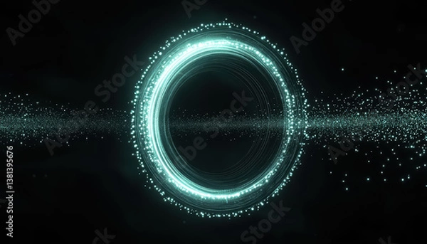 Fototapeta Dark turquoise dot circle with glow effect on a black background. Energy flow or speed motion in space. Science, futuristic digital technologies concept.	
